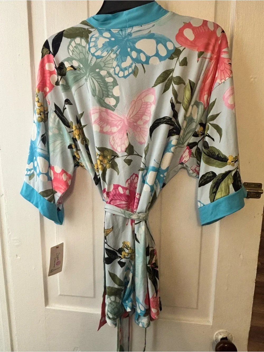 Secret Treasures Butterfly & Floral Wrap Robe - Light Blue, Pink & Turquoise